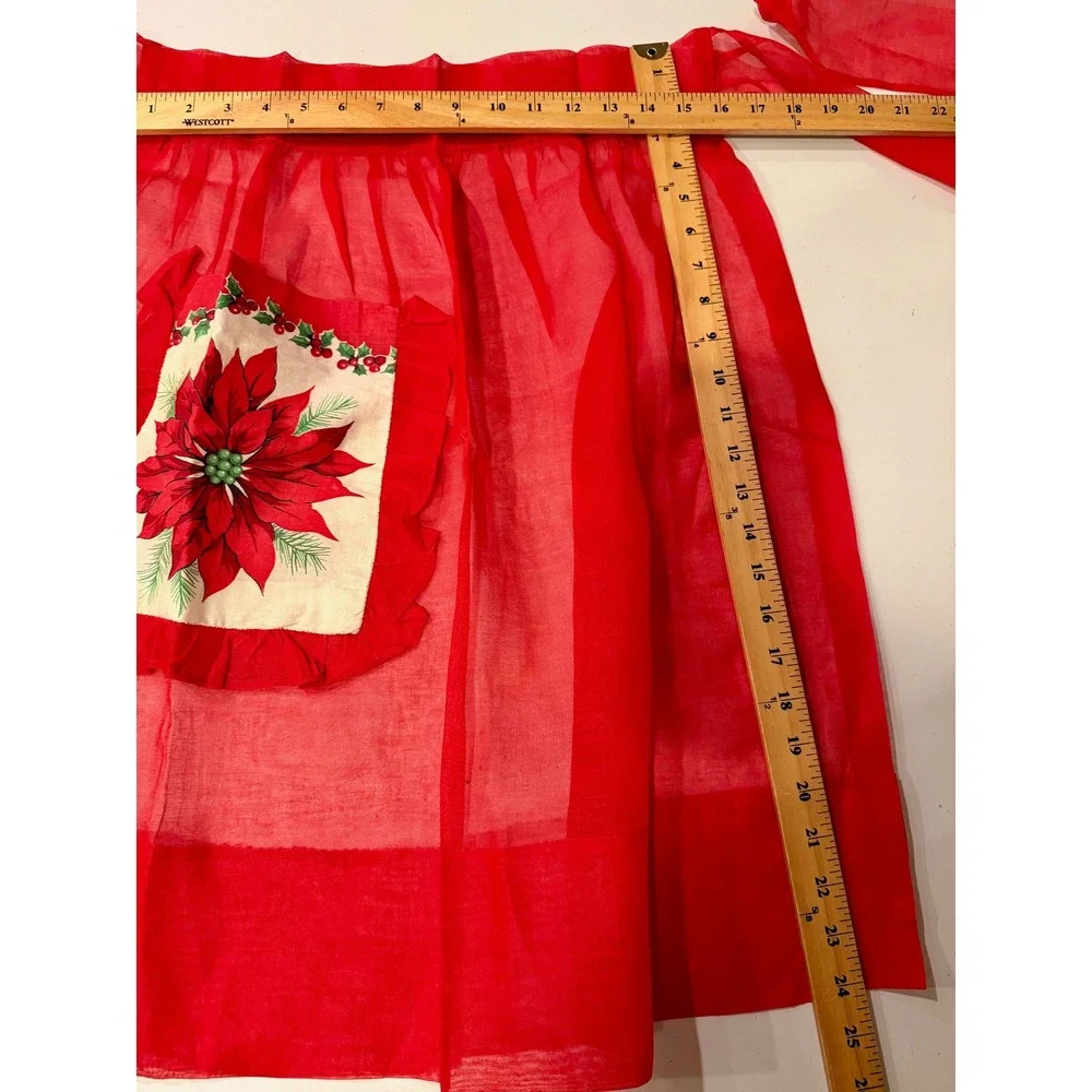 VTG‎ Red Organza Christmas Half Apron Poinsettia Pocket Ruffle Holiday Handmade